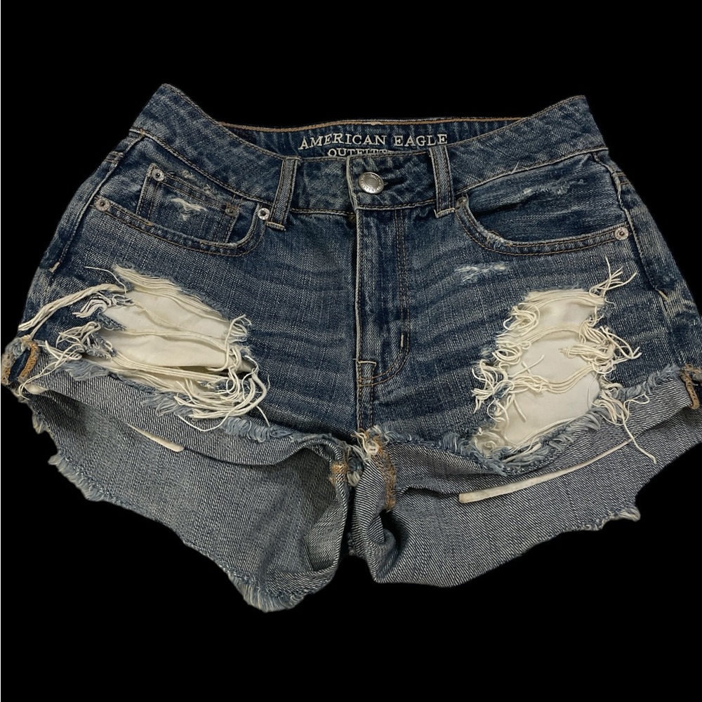 American Eagle Outfitters Jean denim shorts hi-rise festival sz 0 ripped pockets